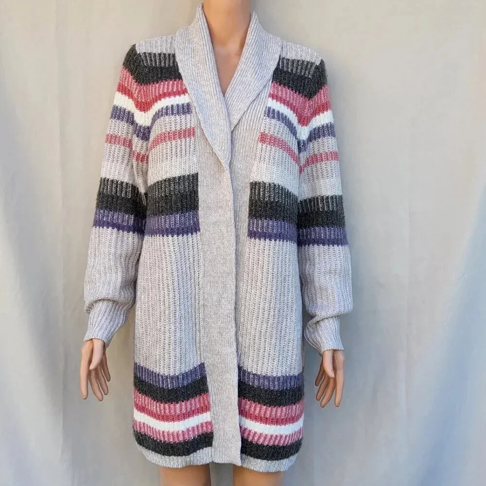 Christopher & Banks  Striped Knit Open Cardigan Cozy Hygee Large Longline Scandi